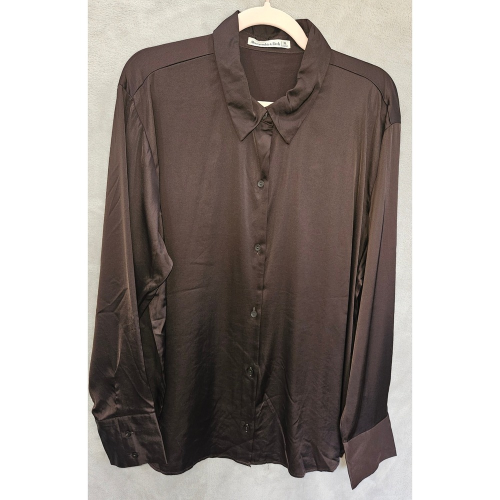 Abercrombie & Fitch Silk Feel Satin Button Up Blouse Taupe Brown Large L Classic